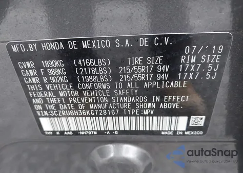 2019 Honda Hr-V Lx из США, поврежденный, VIN 3CZRU6H36KG728167